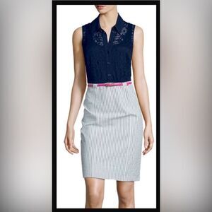 ALYX Dress Navy Blue Striped Crochet Button Up Collared Seersucker Sheath Dress